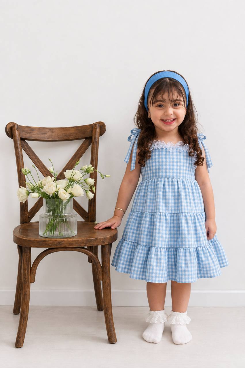 پیراهن دخترانه آبی چیندار